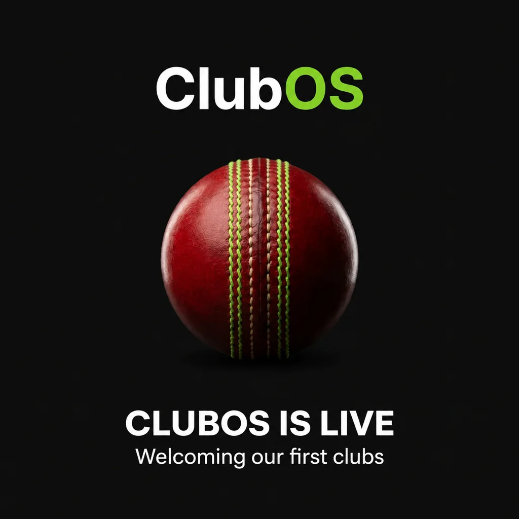 ClubOS is live: red cricket ball with lime seams on a black background