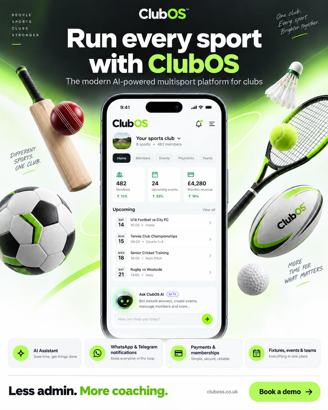 ClubOS multi-sport campaign artwork with an illustrative dashboard