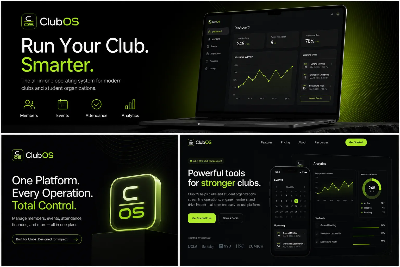 ClubOS platform preview showing dashboards, member tools, events, attendance, and analytics