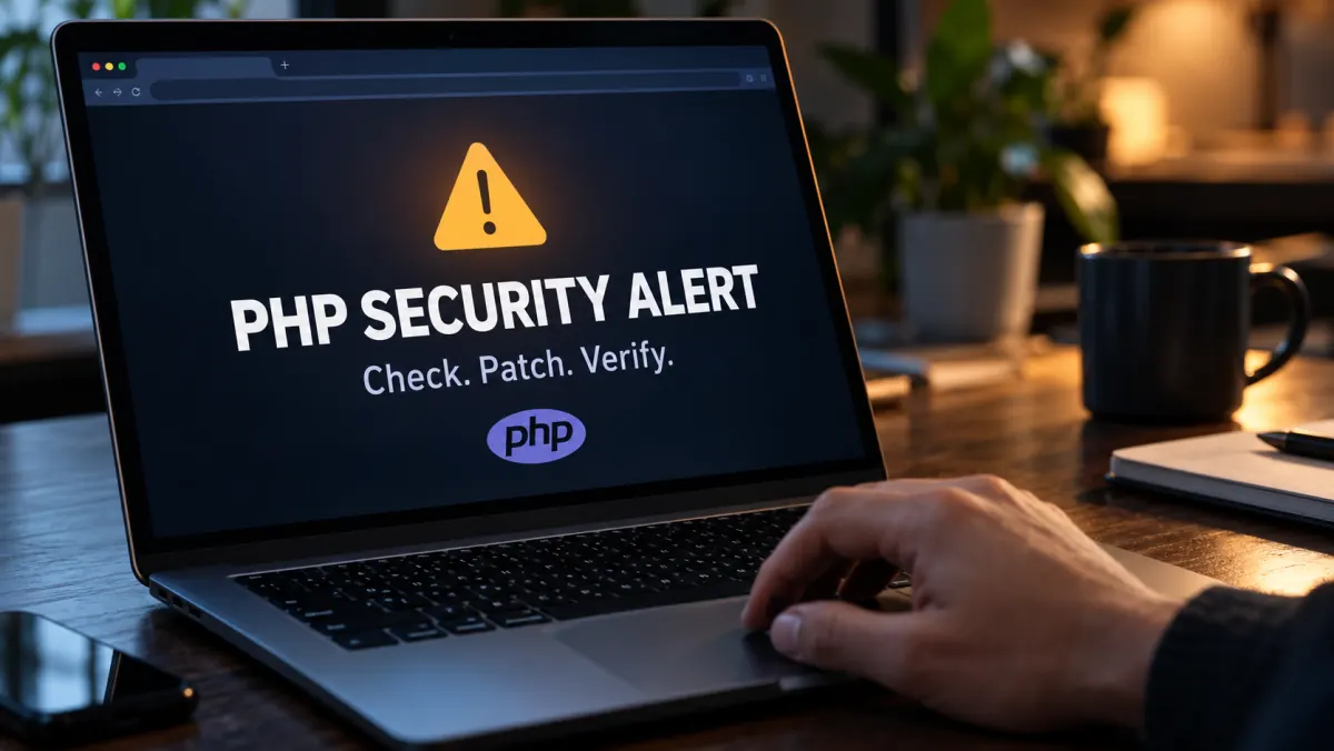 Illustrative photographic scene of a laptop displaying a PHP security alert and the words Check. Patch. Verify.